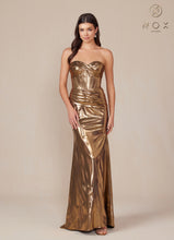 N T1499 - Strapless Stretch Metallic Fit & Flare Prom Gown with Boned Bodice & Lace-Up Back PROM GOWN Nox 00 Gold