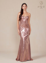 N T1499 - Strapless Stretch Metallic Fit & Flare Prom Gown with Boned Bodice & Lace-Up Back PROM GOWN Nox 00 Rose gold