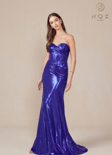 N T1499 - Strapless Stretch Metallic Fit & Flare Prom Gown with Boned Bodice & Lace-Up Back PROM GOWN Nox 00 Royal Blue