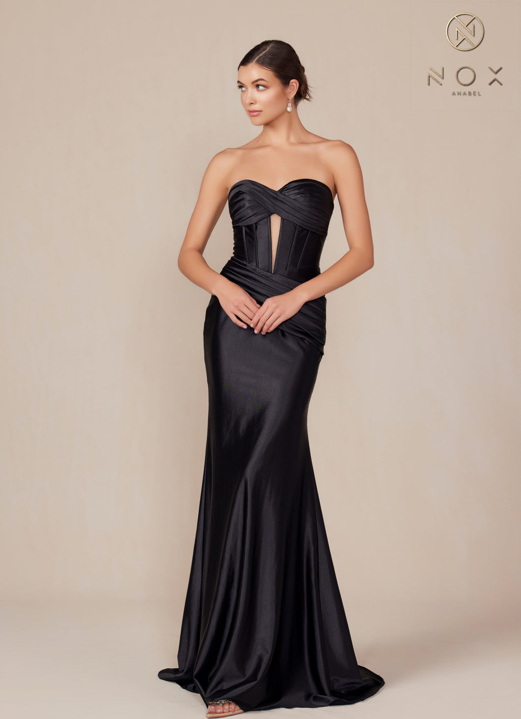 N T1500 - Strapless Stretch Satin Fit & Flare Prom Gown with Boned Bod Diggz Formals N T1500 - Strapless Stretch Satin Fit & Flare Prom Gown with Boned Bod Diggz Formals