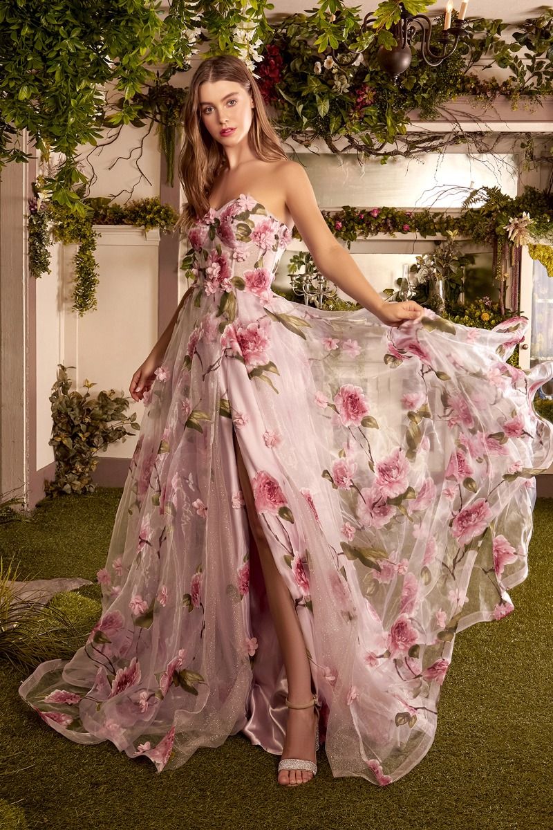 CD A1035 - Rose Printed 3D Floral Organza Prom Gown with Sheer Boned C Diggz Formals CD A1035 - Rose Printed 3D Floral Organza Prom Gown with Sheer Boned C Diggz Formals