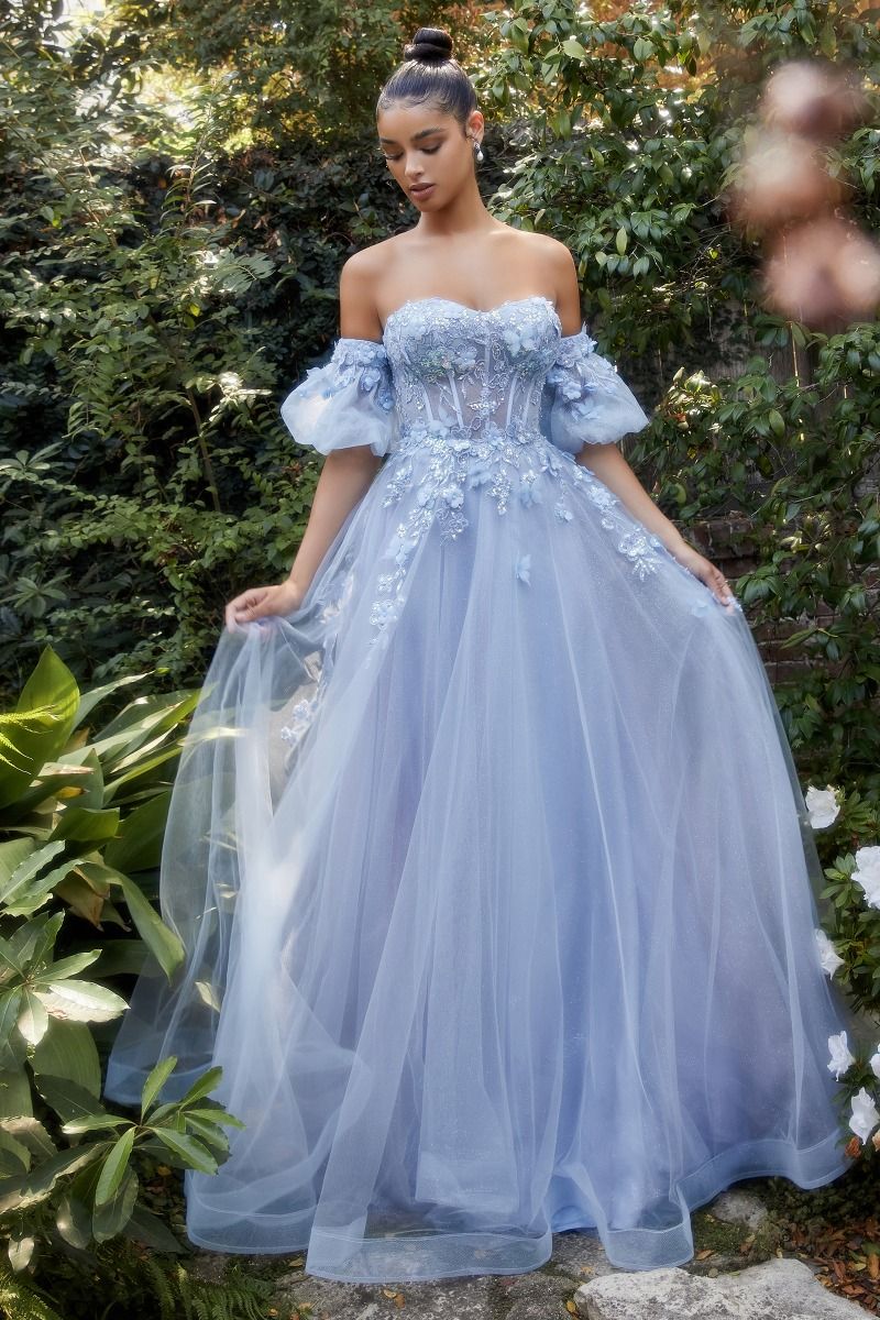 Queendancer Women Light Blue Corset Long Prom Dress Strapless Puff Sleeves  A-Line Tulle Party Dress – queendanceruk