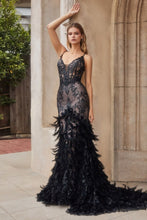 CD A1116 - Glitter Embellished Fit & Flare Prom Gown with Sheer Bodice Lace Up Corset Back & Feather Adorned Skirt PROM GOWN Cinderella Divine 2 Black