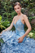 CD A1116 - Glitter Embellished Fit & Flare Prom Gown with Sheer Bodice Lace Up Corset Back & Feather Adorned Skirt PROM GOWN Cinderella Divine 2 Dusty Blue