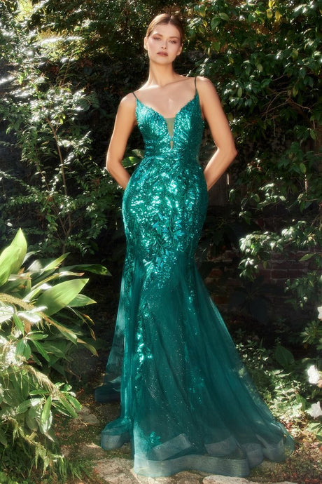 CD A1118 - Sequin Print Tulle Mermaid Prom Gown with Sheer Plunging Neckline & Low Open Back PROM GOWN Cinderella Divine 2 EMERALD 