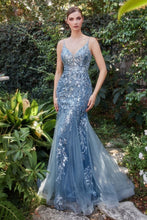 CD A1118 - Sequin Print Tulle Mermaid Prom Gown with Sheer Plunging Neckline & Low Open Back PROM GOWN Andrea & Leo Couture 2 SMOKY BLUE 