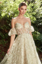 CD A1197 - Embroidered Organza Tea Length Formal Gown with Sheer Boned Corset Bodice & Optional Puff Sleeves PROM GOWN Andrea & Leo Couture 4 IVORY GREEN 