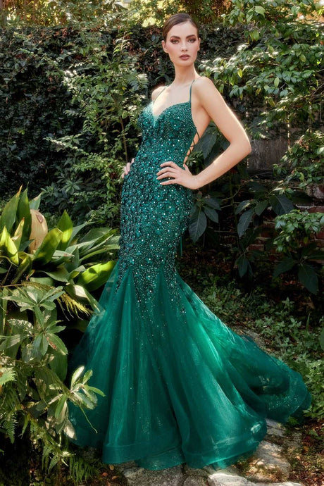 CD A1201 - Rhinestone Embellished Fit & Flare Prom Gown with 3D Floral Applique & Open Lace Up Corset Back PROM GOWN Andrea & Leo Couture 2 EMERALD 