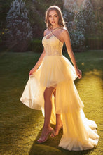 CD A1239 - High Low A-Line Prom Gown with Sheer Beaded Lace Halter Bodice & Layered Pleated Tulle Skirt PROM GOWN CINDERELLA DIVINE 2 Yellow 