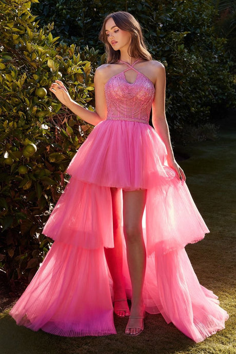 CD A1239 - High Low A-Line Prom Gown with Sheer Beaded Lace Halter Bodice & Layered Pleated Tulle Skirt PROM GOWN CINDERELLA DIVINE 2 Pink 