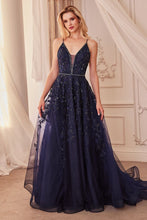 CD A1251 - Bead & Applique A-Line Prom Gown with Plunging V-Neck & Crystal Belt PROM GOWN Cinderella Divine 6 Navy