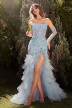 CD A1255 - Strapless Lace Embellished Mermaid Gown with Sheer Structured Bodice Layered Ruffled Skirt & Leg Slit PROM GOWN CINDERELLA DIVINE 2 light blue 