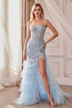 CD A1255 - Strapless Lace Embellished Mermaid Gown with Sheer Structured Bodice Layered Ruffled Skirt & Leg Slit PROM GOWN CINDERELLA DIVINE   