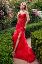 CD A1255 - Strapless Lace Embellished Mermaid Gown with Sheer Structured Bodice Layered Ruffled Skirt & Leg Slit PROM GOWN CINDERELLA DIVINE 2 Red 