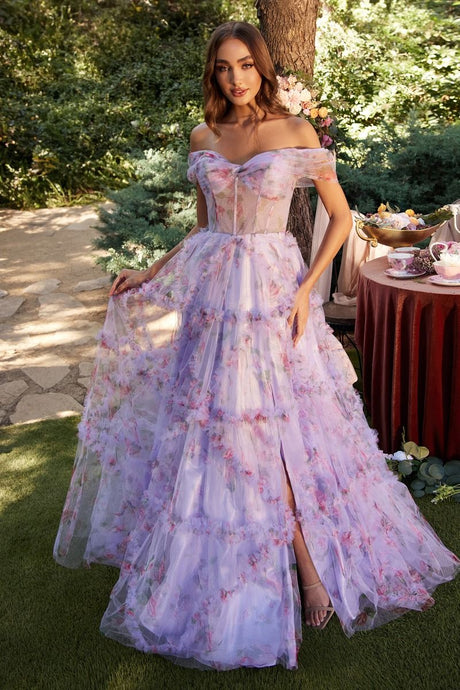CD A1286 - Off the Shoulder Floral Print A-Line Prom Gown with Sheer Corset Bodice & Layered Tiered Skirt PROM GOWN Andrea & Leo Couture 2 LAVENDER 