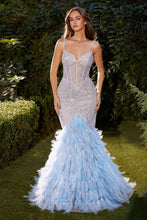 CD A1298 - Bead Embellished Mermaid Prom Gown with Sheer Boned Corset Bodice & Feather Detailed Skirt PROM GOWN Cinderella Divine 2 Haze Blue