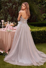 CD A1303 - Strapless Glitter Tulle A-Line Prom Gown with Sheer Beaded Lace Appliqué Bodice Leg Slit & Removable Puff Sleeves PROM GOWN CINDERELLA DIVINE   