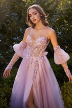 CD A1303 - Strapless Glitter Tulle A-Line Prom Gown with Sheer Beaded Lace Appliqué Bodice Leg Slit & Removable Puff Sleeves PROM GOWN CINDERELLA DIVINE 2 Lavender 