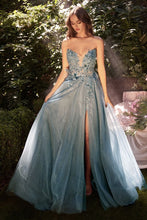 CD A1303 - Strapless Glitter Tulle A-Line Prom Gown with Sheer Beaded Lace Appliqué Bodice Leg Slit & Removable Puff Sleeves PROM GOWN Cinderella Divine 2 Smoky Blue