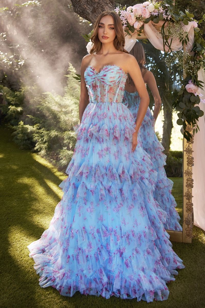 CD A1334 - Strapless Floral Print Ball Gown with Sheer Bodice & Tiered Skirt PROM GOWN Andrea & Leo Couture 2 BLUE 