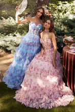 CD A1334 - Strapless Floral Print Ball Gown with Sheer Bodice & Tiered Skirt PROM GOWN Andrea & Leo Couture   