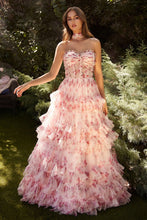 CD A1334 - Strapless Floral Print Ball Gown with Sheer Bodice & Tiered Skirt PROM GOWN Andrea & Leo Couture 2 BLUSH 