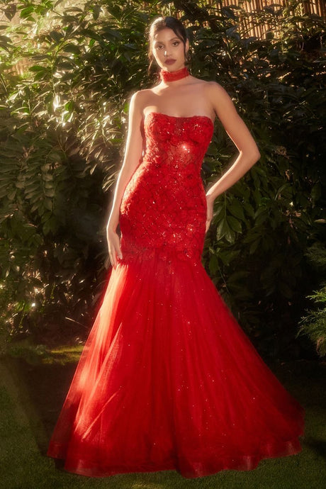 CD A1345 - Beaded Strapless Mermaid Prom Gown with Layered Glitter Tulle Skirt & Open Lace Up Back PROM GOWN CINDERELLA DIVINE 2 Red 