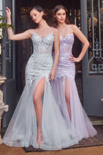 CD A1388 - Strapless Sequined 3D Floral Mermaid Prom Gown with Sheer Bodice Shimmer Tulle Skirt Leg Slit & Lace Up Back PROM GOWN Cinderella Divine 0 light blue