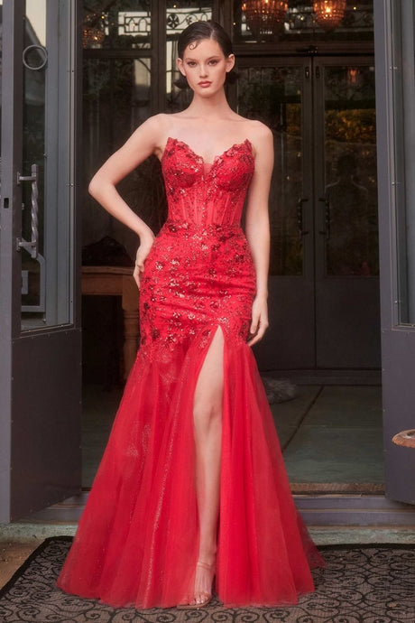 CD A1388 - Strapless Sequined 3D Floral Mermaid Prom Gown with Sheer Bodice Shimmer Tulle Skirt Leg Slit & Lace Up Back PROM GOWN Cinderella Divine 4 Red