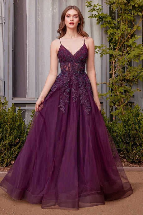 CD A1416 - Layered Tulle A-Line Prom Gown with Boned Embellished Lace Bodice & Lace-up Corset