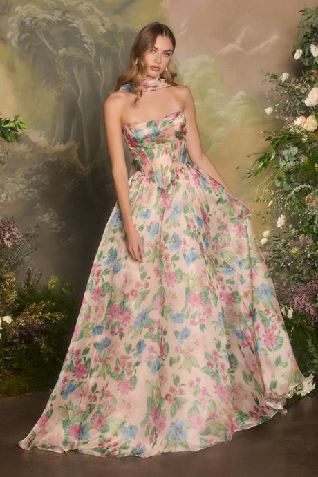 CD A1425 - Strapless Floral Print Organza A-Line Prom Gown with Structured Cowl neck Corset Bodice & Open Lace Up Back PROM GOWN Cinderella Divine