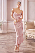 CD BD103 - Midi Length Satin Fitted Slip Dress with Draped Cowl Neck Adjustable Spaghetti Straps & Leg Slit Homecoming Cinderella Divine XS DUSTY ROSE 