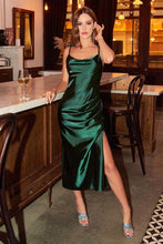 CD BD103 - Midi Length Satin Fitted Slip Dress with Draped Cowl Neck Adjustable Spaghetti Straps & Leg Slit Homecoming Cinderella Divine XS EMERALD 