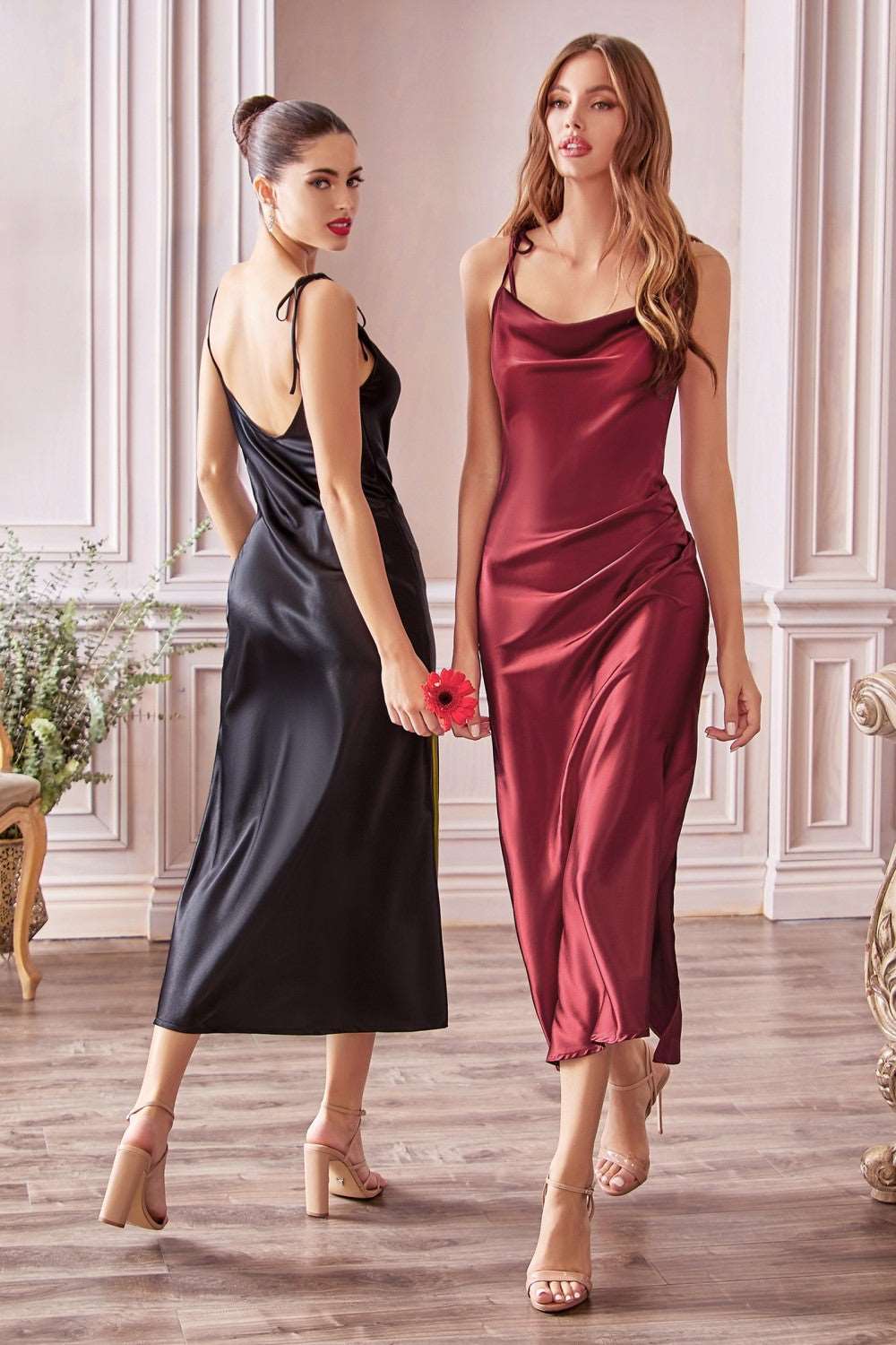 CD BD103 - Midi Length Satin Fitted Slip Dress with Draped Cowl Neck A –  Diggz Formals