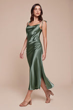 CD BD103 - Midi Length Satin Fitted Slip Dress with Draped Cowl Neck Adjustable Spaghetti Straps & Leg Slit Homecoming Cinderella Divine XS MOSS GREEN