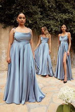 CD BD104 - Satin A-Line Formal Gown with Tying Spaghetti Shoulder Straps Cowl Neck & Leg Slit PROM GOWN Cinderella Divine XS DUSTY BLUE 