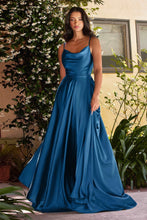CD BD104 - Satin A-Line Formal Gown with Tying Spaghetti Shoulder Straps Cowl Neck & Leg Slit PROM GOWN Cinderella Divine XS FRENCH NAVY 