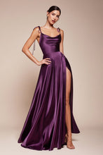 CD BD104 - Satin A-Line Formal Gown with Tying Spaghetti Shoulder Straps Cowl Neck & Leg Slit PROM GOWN Cinderella Divine XS EGGPLANT