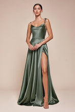 CD BD104 - Satin A-Line Formal Gown with Tying Spaghetti Shoulder Straps Cowl Neck & Leg Slit PROM GOWN Cinderella Divine XS MOSS GREEN
