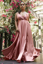 CD BD105 - Satin A-Line Formal Gown with Gathered V-Neck Bodice Tying Spaghetti Shoulder Straps & Dramatic Leg Slit Prom Gown Cinderella Divine XS DESERT ROSE 