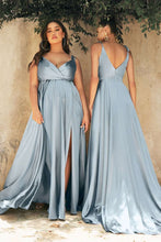 CD BD105 - Satin A-Line Formal Gown with Gathered V-Neck Bodice Tying Spaghetti Shoulder Straps & Dramatic Leg Slit Prom Gown Cinderella Divine   