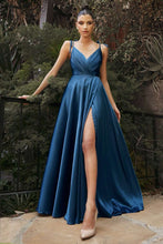 CD BD105 - Satin A-Line Formal Gown with Gathered V-Neck Bodice Tying Spaghetti Shoulder Straps & Dramatic Leg Slit Prom Gown Cinderella Divine XS FRENCH NAVY 