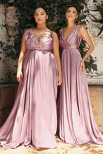 CD BD105 - Satin A-Line Formal Gown with Gathered V-Neck Bodice Tying Spaghetti Shoulder Straps & Dramatic Leg Slit Prom Gown Cinderella Divine XS MAUVE 