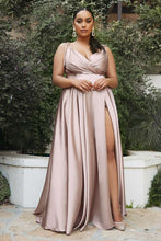 CD BD105 - Satin A-Line Formal Gown with Gathered V-Neck Bodice Tying Spaghetti Shoulder Straps & Dramatic Leg Slit Prom Gown Cinderella Divine XS SAND 