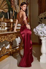 CD BD111 - Satin Fit & Flare Prom Gown with Gathered Waist Leg Slit & Open Lace Up Corset Back PROM GOWN Cinderella Divine XS BURGUNDY 