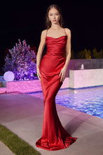 CD BD7044 - Satin Fit & Flare Prom Gown with Boat Neck & Open Lace Up Corset Back Prom Dress Cinderella Divine XS RED 