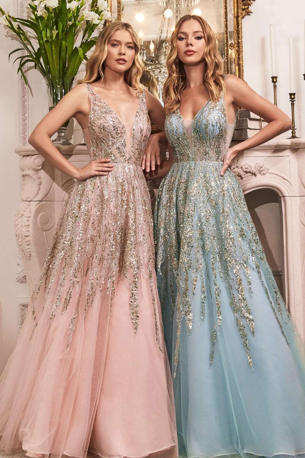 V Neck Blue Tulle Long Prom Dress Beaded Evening Dress,WP109 – winkbridal