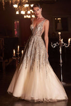 CD C135 - Beaded Glitter Print A-Line Prom Gown with V-Neck Cut Out Illusion Sides & Open Back PROM GOWN Cinderella Divine 2 CHAMPAGNE 