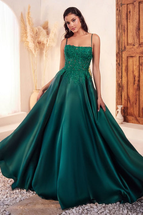 CD C145 - Satin Ball Gown with Sheer Lace Embellished Bateau Neck Bodice PROM GOWN Cinderella Divine   