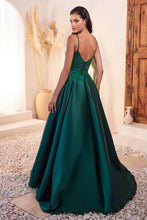 CD C145 - Satin Ball Gown with Sheer Lace Embellished Bateau Neck Bodice PROM GOWN Cinderella Divine 2 EMERALD 